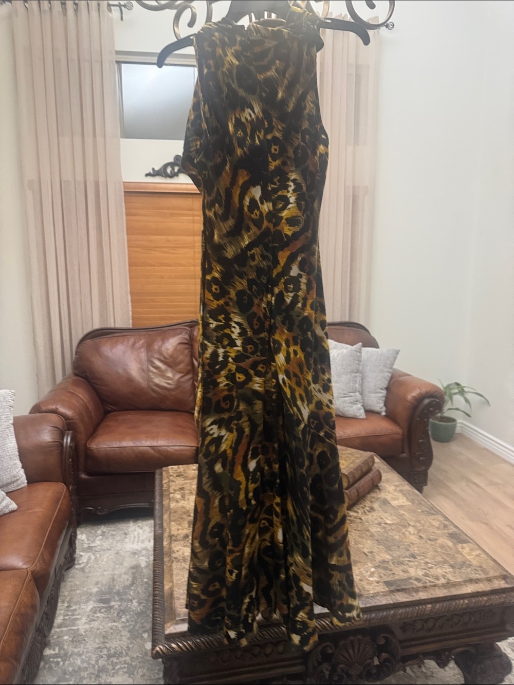 Dkny Sleeveless Leopard-Style Maxi Dress in Brown and Black